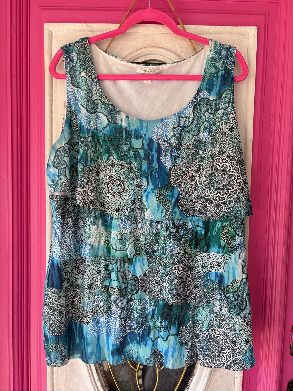 Dress Barn Teal, Blue and White Layered Medallion Tank